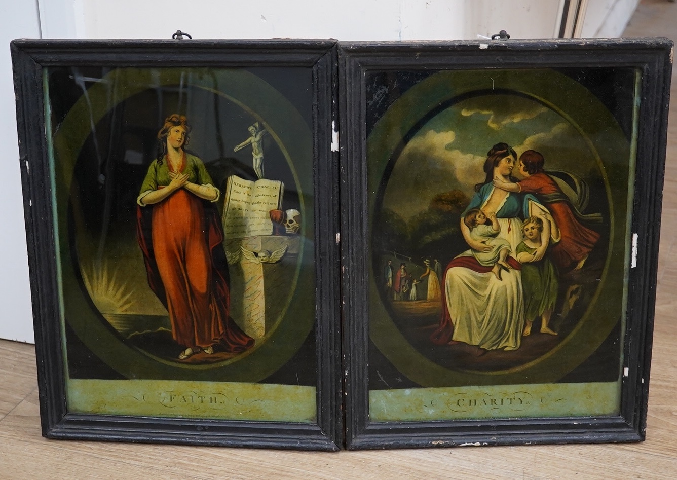 A pair of 18th century, reverse glass painted prints, ‘Charity’ and ‘Faith’, publ. 1797 by John Fairburn, London, 35 x 25cm. Condition - fair